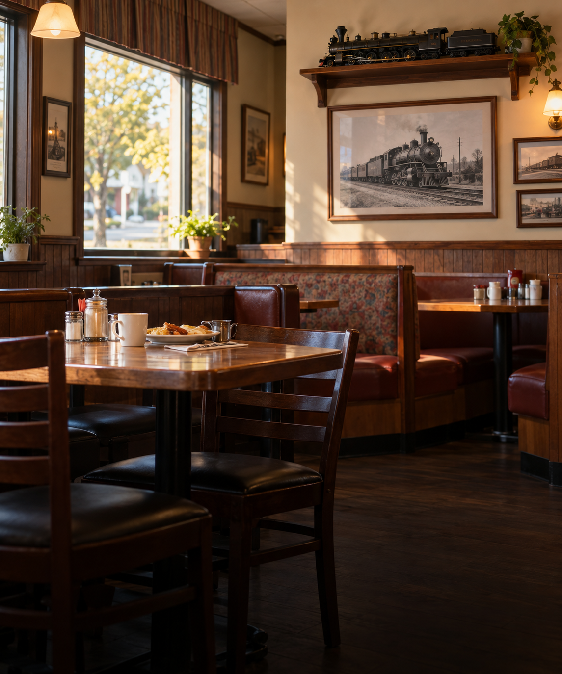 A diner interior with a model train and railway photograph