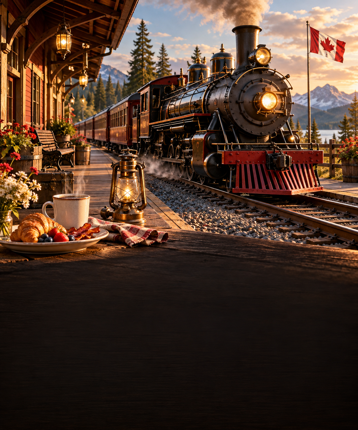 A steam train at a Canadian railway station