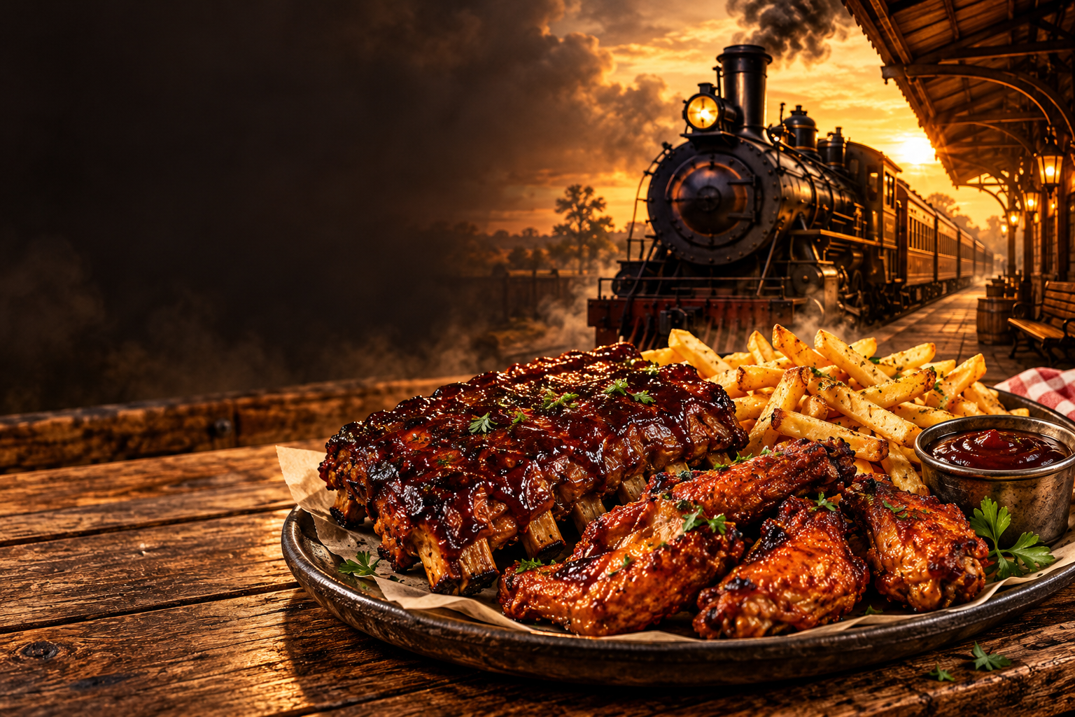 Barbecue ribs and wings at a vintage railway station