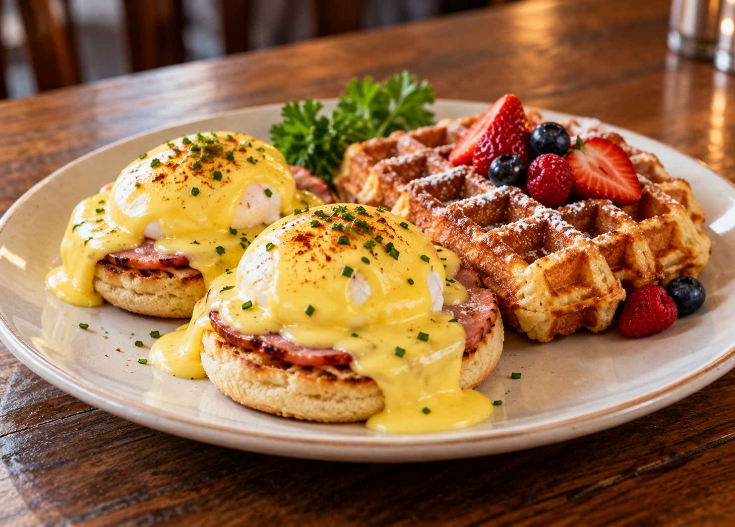 Eggs Benedict and a Belgian waffle