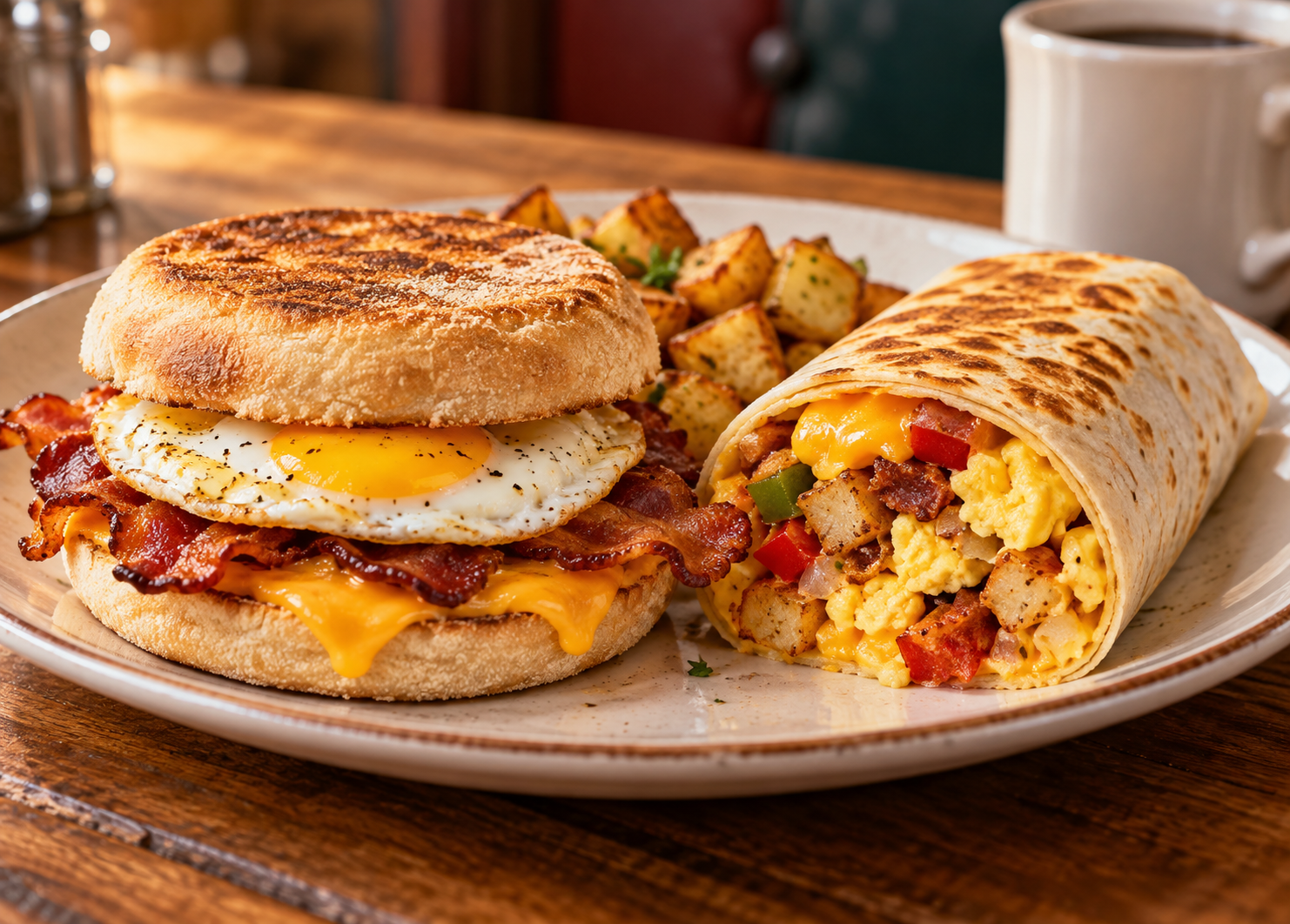 Breakfast sandwich and burrito