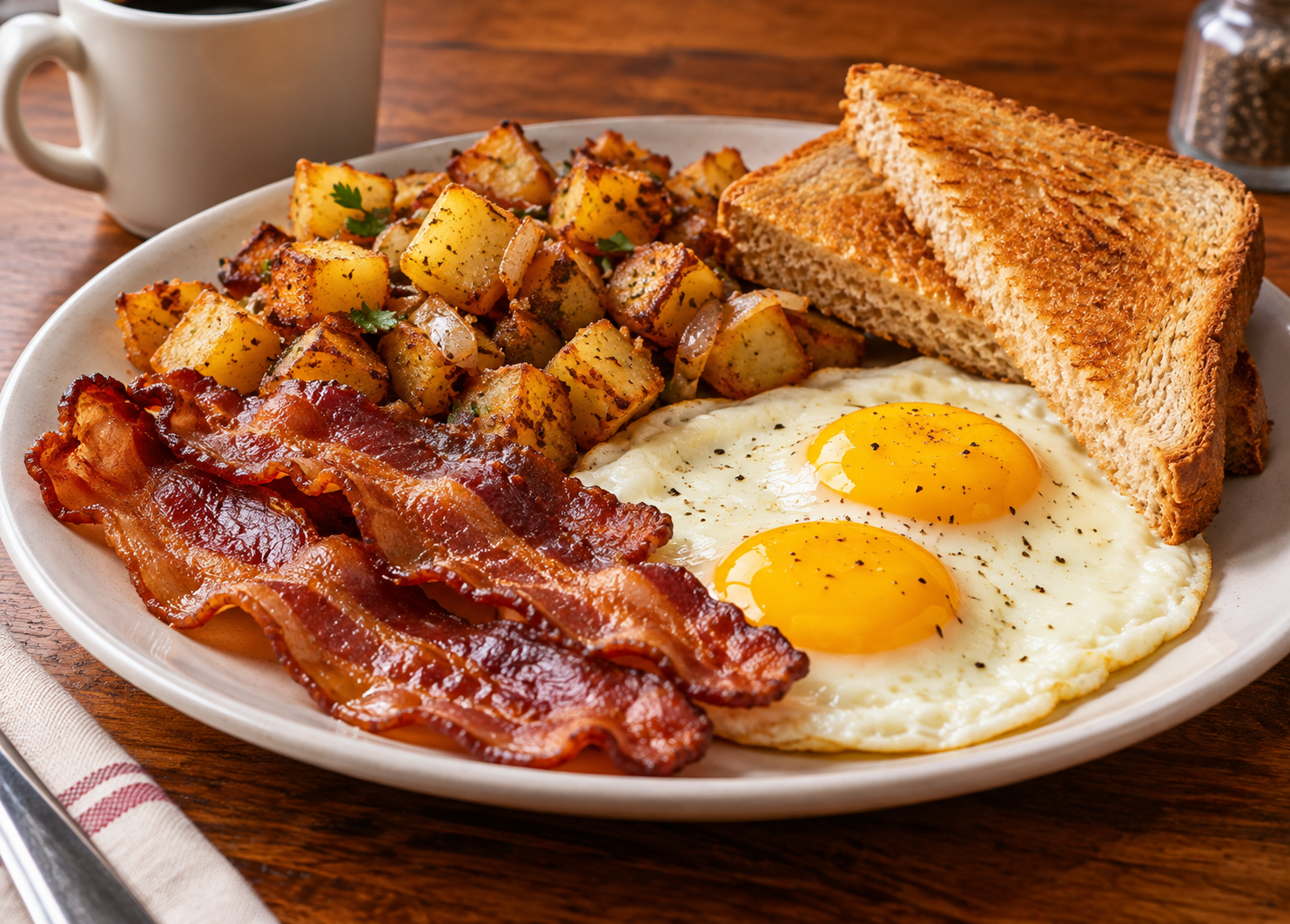 Eggs, bacon, home fries and toast