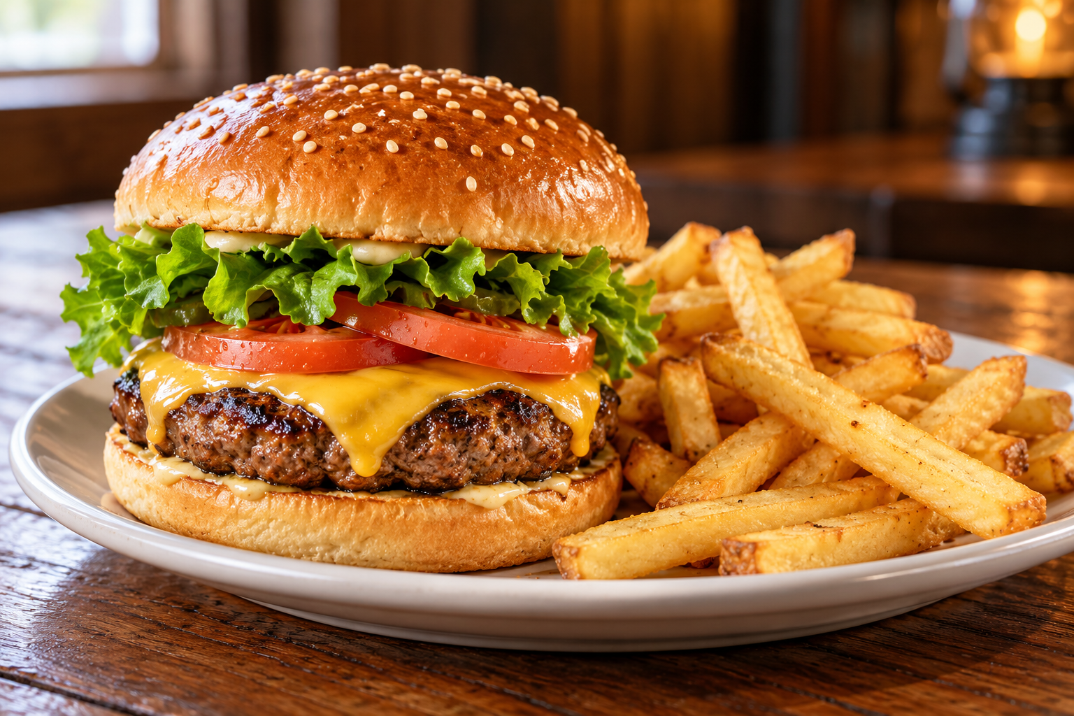 Beef cheeseburger with fries