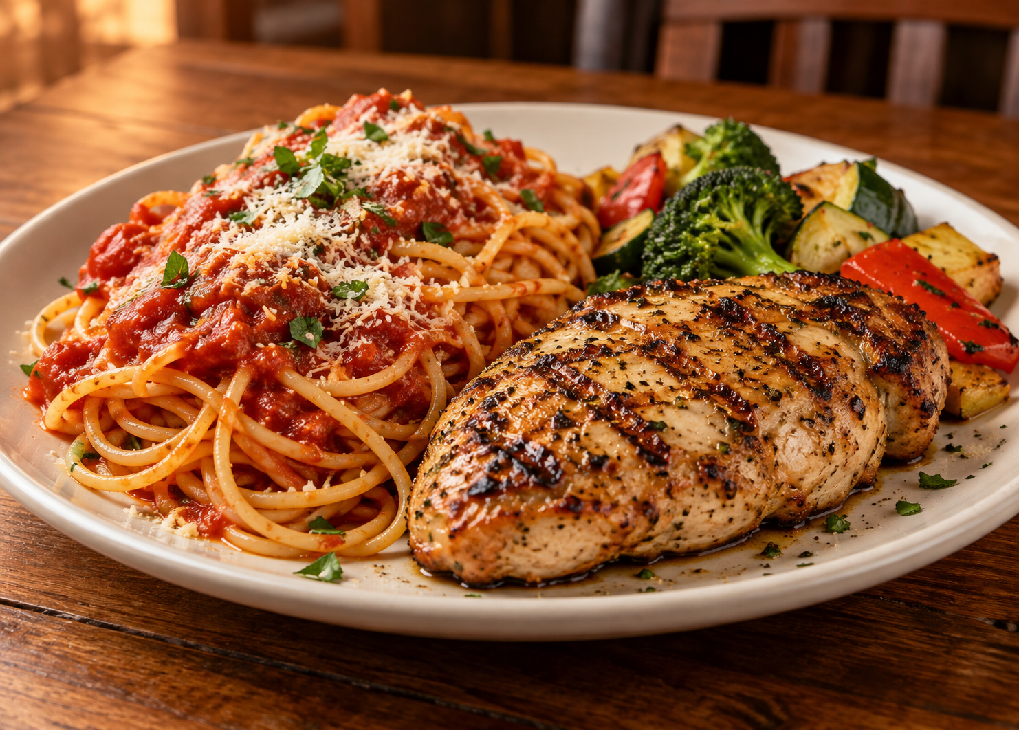 Pasta and a grilled dinner entree