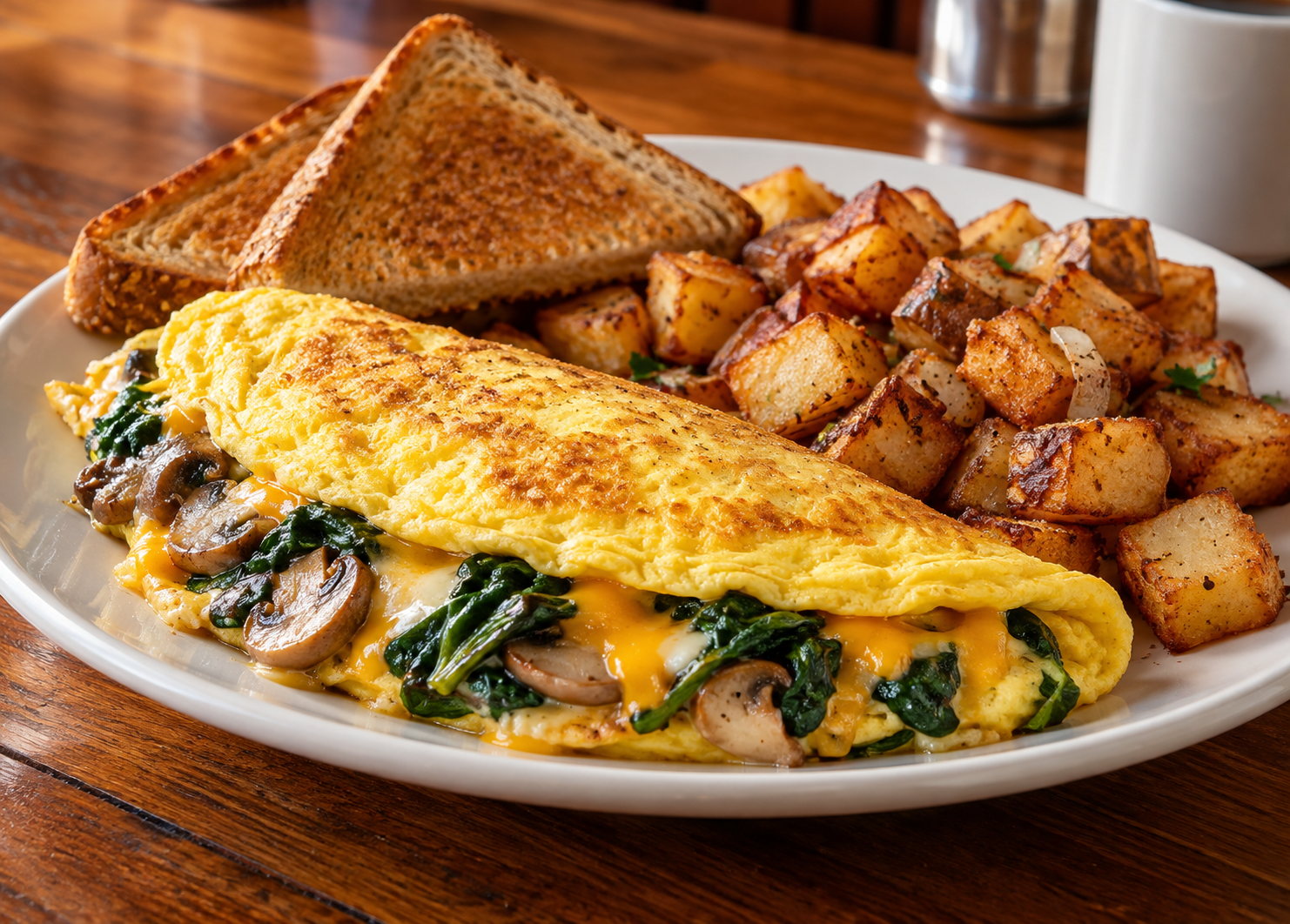 Omelette with vegetables, cheese, potatoes and toast