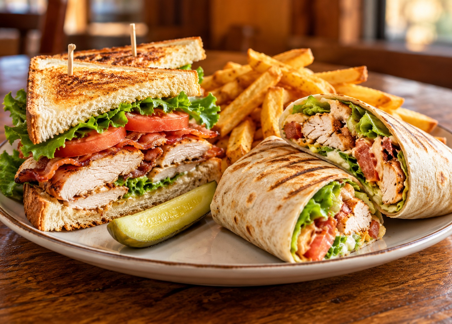 Chicken club sandwich and grilled wrap