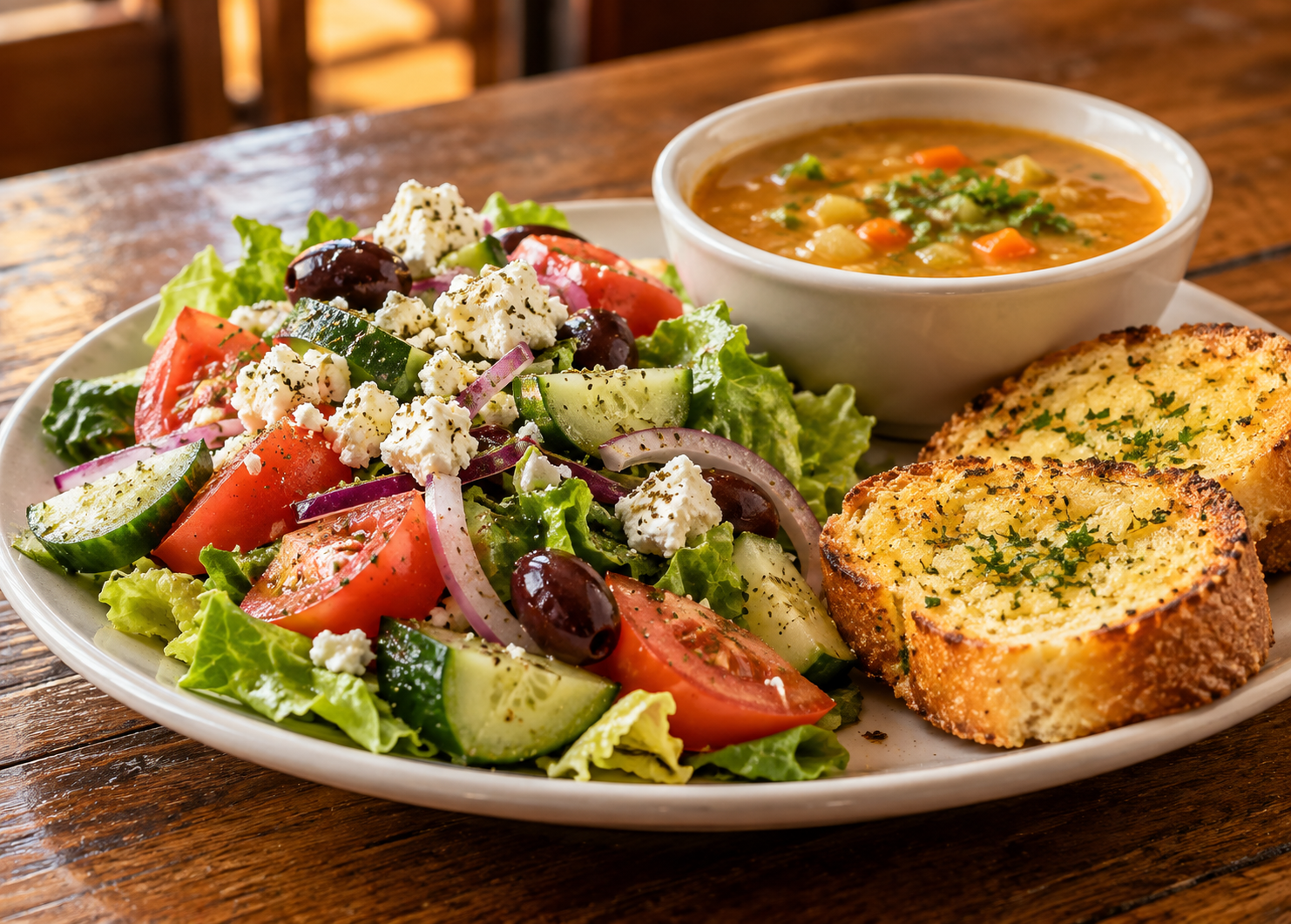 Greek salad with soup and garlic bread