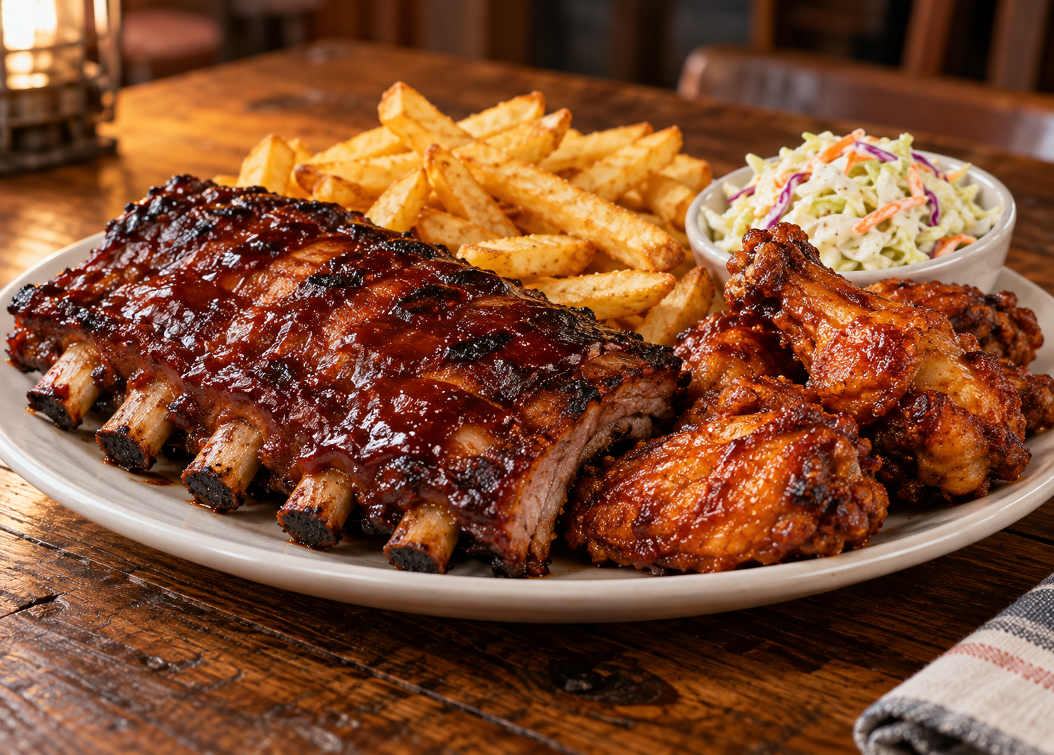 Barbecue ribs and chicken wings with sides